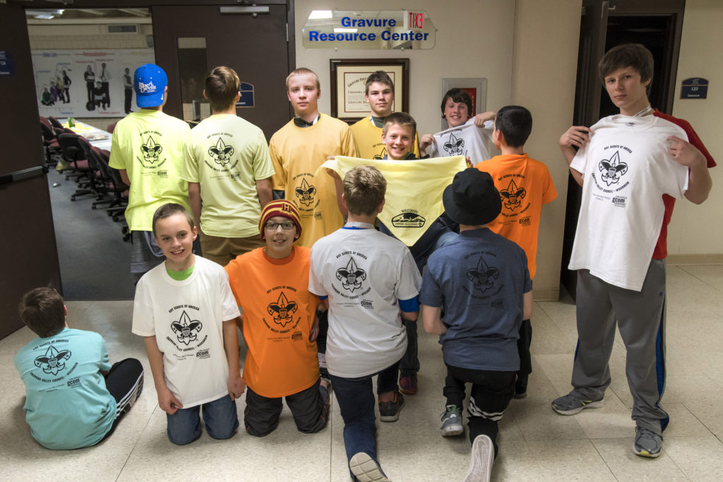 Students in the Graphic Communications major worked with multiple boy scout troops in the labs within the Communication Technologies building. On this day, the boy scouts created books from start to finish, and screen printed their own t-shirts. The boy scouts all earned their Graphic Arts Merit Badge for participating and completing the projects. The event took place at UW-Stout on Monday, March 20, 2017.