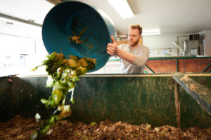 UWL Senior and Vermicomposting Intern Jeremy Shimetz collects more than 400 pounds of compost a week from both UWL’s Whitney Center and Mayo Clinic Health Systems to feed the worms.