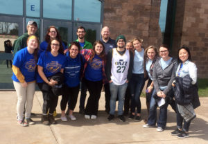 UW-Stout students, including Noelle Metoxen front left, in the Today and Beyond program gather in front of the LCO Ojibwe school in Hayward.