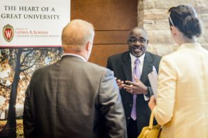 Representatives of 88 businesses visited with UW–Madison staff, including Duane Cooper (center), student services coordinator in the College of Letters & Science Internship Center. PHOTO: BRYCE RICHTER