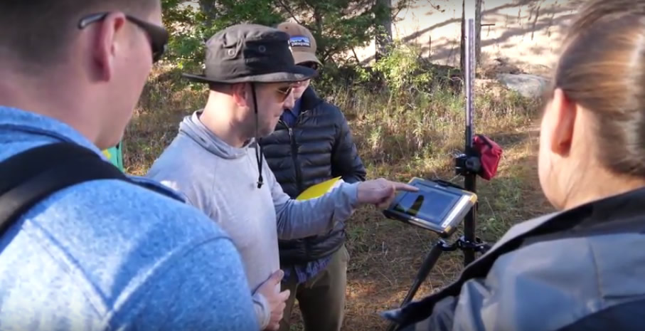 Photo of geography majors learning to use sophisticated geospatial technologies during a fieldwork class this fall thanks to partnerships with industry leaders.
