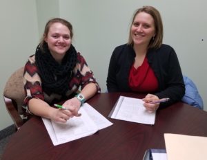 Photo of UWL senior Kaley Heiman, left, a pre-physician assistant and biology major with a Spanish minor who plans to graduate in May, works as a conversation partner with Gundersen Health System’s Nurse Educator Stephanie Grove. The sessions offer an opportunity for health providers to improve their Spanish by conversing on a one-on-one basis with an advanced, Spanish-speaking student who plans to work in the medical field.