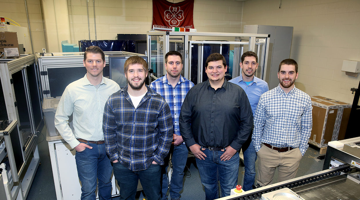 Photo of the six students who are the first UW-Stout mechanical engineering graduates, left to right, Steve Dillon, Jamison Noye, Ryan Monroe, Zachary Johnson, David Zalusky and Kevin Larson.