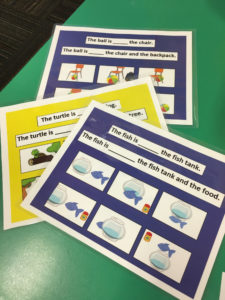 Photo of a few examples of the cards used as part of the study researching children's use of prepositions.
