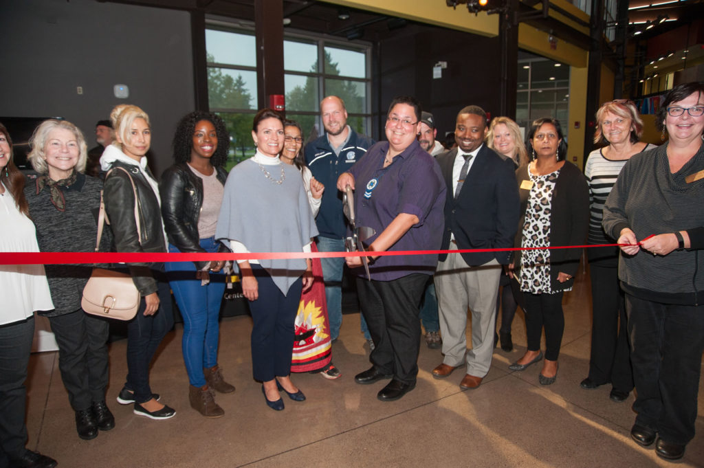 Photo of UW-Superior's ribbon cutting during the dedication ceremony on Indigenous People’s Day, Monday, Oct. 8, for the Maawanji’idiwin – “The Place Where We Come Together” Medicine Wheel and Community Gathering Area.