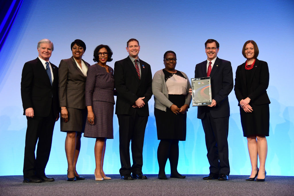 Photo of UW-River Falls Athletics being honored with the 2019 Award for Diversity and Inclusion, co-sponsored by the NCAA and Minority Opportunities Athletic Association, on Jan. 25, 2019. 