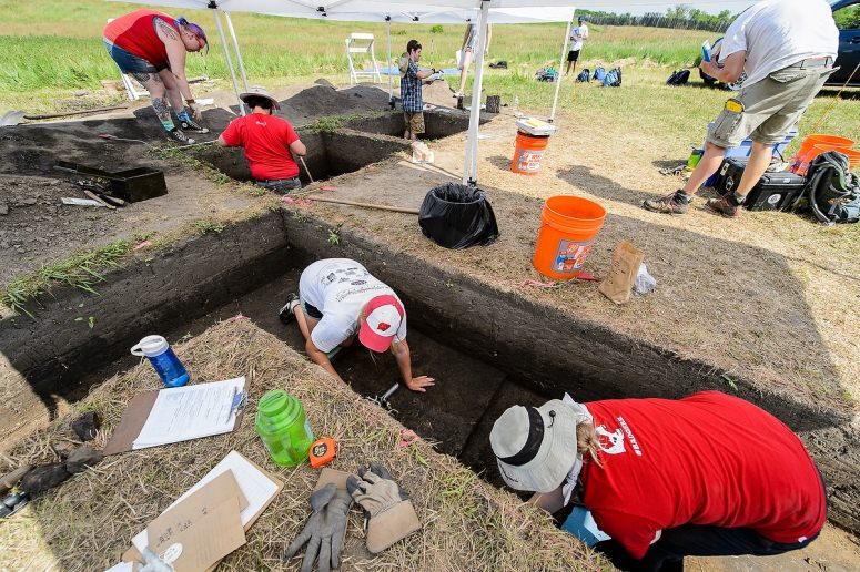 Undergraduate students in a summer session field course continue archaeology site excavation at Aztalan State Park near Lake Mills on June 10. The class and related research, led by anthropology Professor Sissel Schroeder, aims to better understand the daily lives of native people who called Aztalan home a millennium ago. PHOTO: JEFF MILLER
