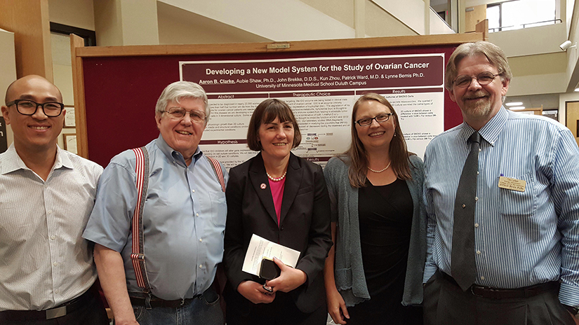Tim Lyden (far right) , director of the UW-River Falls Tissue and Cellular Innovation Center, with team members who co-presented cutting-edge cancer research at the first White House–sponsored national Cancer Moonshot Summit regional event at the University of Minnesota-Duluth Medical School on June 29. Also pictured (from left): EuHan Lee, Ph.D.; BRTI staff scientist John Brekke, DDS.; BRTI Founder and Inventor of "Cell-Mate" matrix; Lynne Bemis, Ph.D., chair of UMD Biomedical Sciences and BRTI collaborator; and Aubie Shaw, Ph.D., BRTI consultant and collaborator.