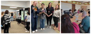 Banner features three unique images: the first image has a group of students touring a food pantry, the second is a group of students holding small plants from an event, and the third is a group gathered around a large table enjoying a meal together. 