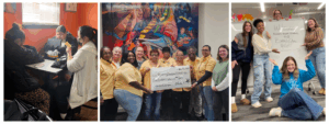 Banner features three unique images in a collage: the first has three university students studying at a table, the middle has a group of staff in yellow shirts holding a large check, and the third has a group of 5 students round a white board that says "Welcome to Board Game Night."