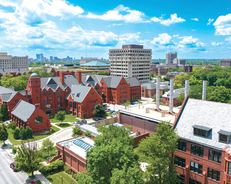 Aerial view of the UW-Milwaukee campus on a sunny summer day.