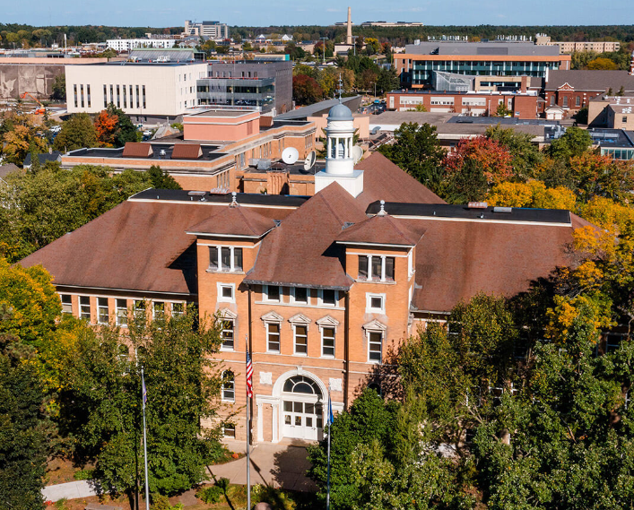 Aerial view of UW-Stevens Point academic buildings on a summer day.