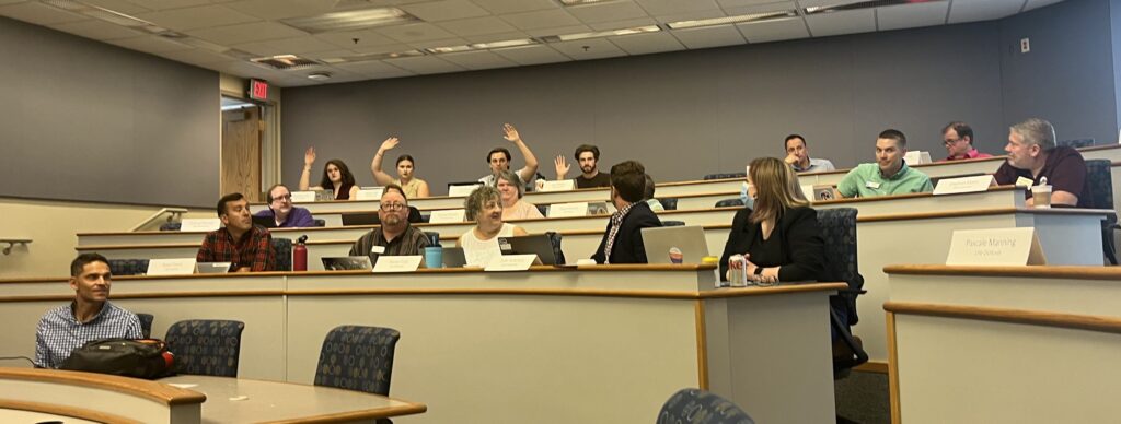 Participants respond to a question at the University of Wisconsin System Shared Governance Council orientation Sept. 21, 2023, at the Pyle Center.