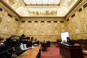 University of Wisconsin-Madison virologist Yoshihiro Kawaoka speaks to legislators, legislative staff and others about his lab's work to develop a whole virus vaccine against the deadly Ebola pathogen during a public briefing in the North Hearing Room of the Wisconsin State Capitol on April 21, 2015. Kawaoka, professor of pathobiological sciences in the School of Veterinary Medicine at UW-Madison and an international expert on influenza, also outlined his work in Sierra Leone to develop research collaborations and help the African country develop the resources and research infrastructure necessary to detect, study and deter serious pathogens such as Ebola. (Photo by Jeff Miller/ UW-Madison)