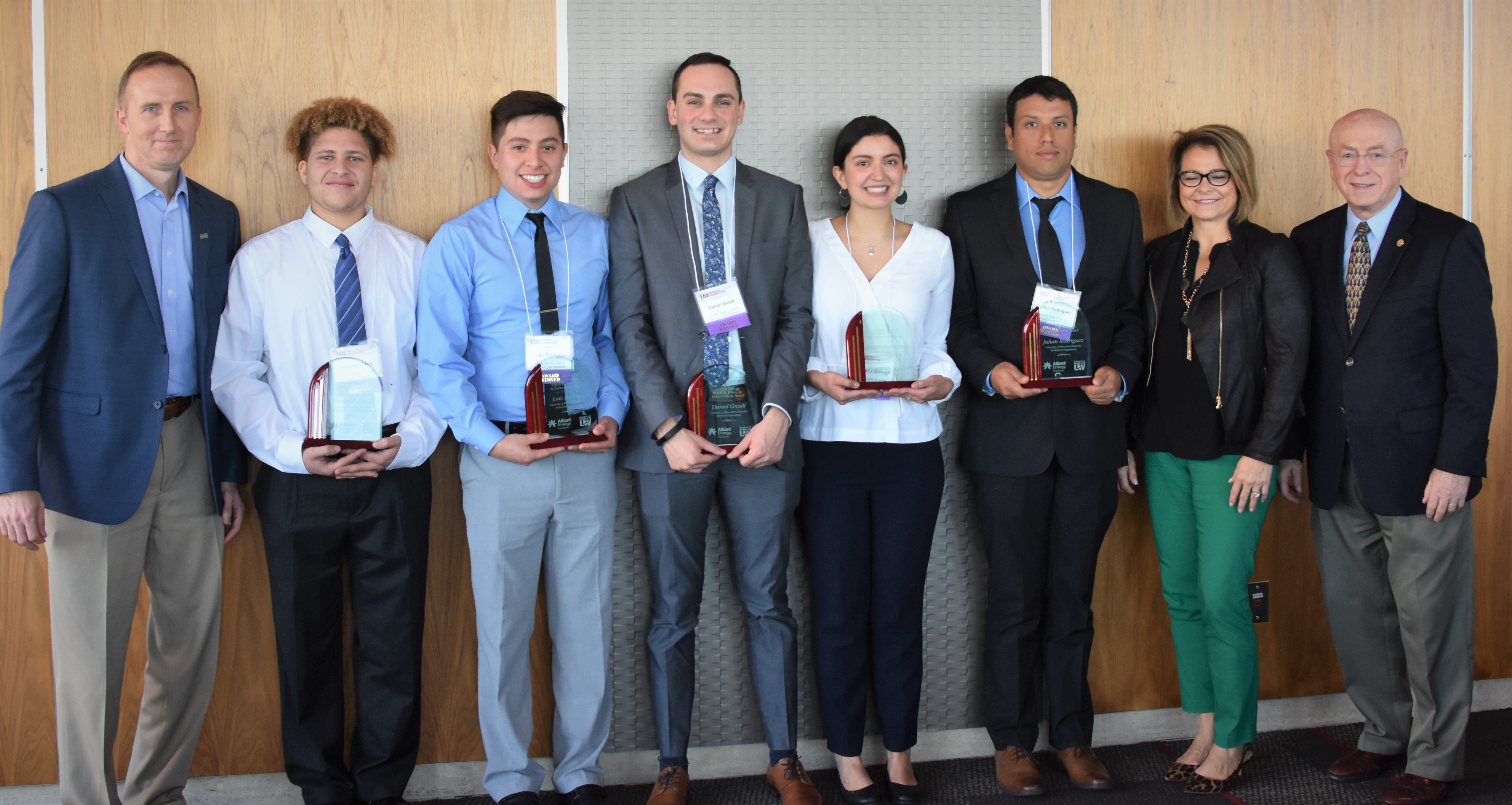 Group photo of the five Erroll B Davis Jr., Award Recipients with two Alliant Representatives and President Ray Cross.