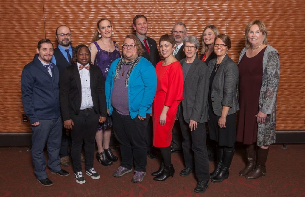 (from left) Isaac Kabacinski, UW-Green Bay; Yavyonia Davis, UW-Parkside; Jay Botsford, UW-Madison; Stephanie Selvick, UW-Whitewater; Deborah Hoskins, UW-La Crosse; Jennifer Murray, UW-Milwaukee; BobbieJoy Amann, UW-Stevens Point; Gabriel Riviere, UW-Platteville; Danielle Amethyst Brake, UW-Eau Claire; Kellen Wells-Mangold, UW-River Falls; Richard Marshall, UW-Oshkosh; Allison Brooke Willingham, UW-Superior. Not pictured: Markie L. C. Twist, UW-Stout