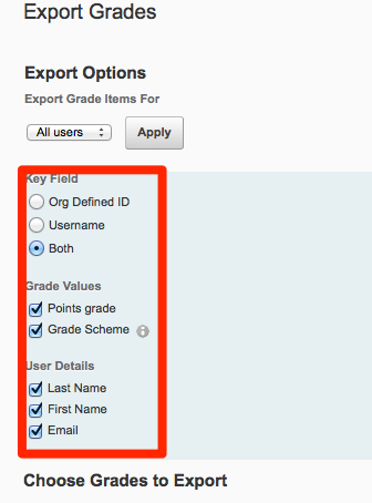 Grades Export options
