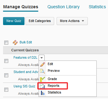 Quiz menu Reports