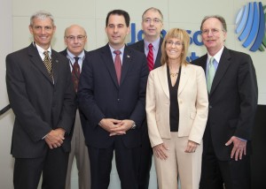 (from left) UW-Milwaukee Chancellor Michael R. Lovell;  UW-Madison Provost Paul M. DeLuca, Jr.; Gov. Scott Walker;  Alex Molinaroli, President of Johnson Controls Power Solutions;  Mary Ann Wright, Vice President of Technology and Innovation,  Johnson Controls; and UW System President Kevin P. Reilly