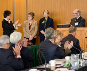 (from left) Chancellor Ford, her assistant Diane Donnelly, Jana Mclaughlin, conference coordinator, and Regent President Falbo