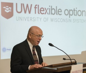 Photo of Chancellor Cross presenting on the UW Flexible Option