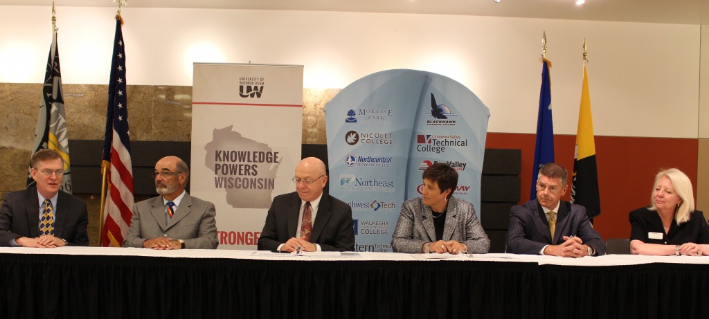 (from left) Mark Nook, Michael Falbo, and Ray Cross of UW System; Morna Foy, Drew Petersen, and Kathleen Cullen of WTCS