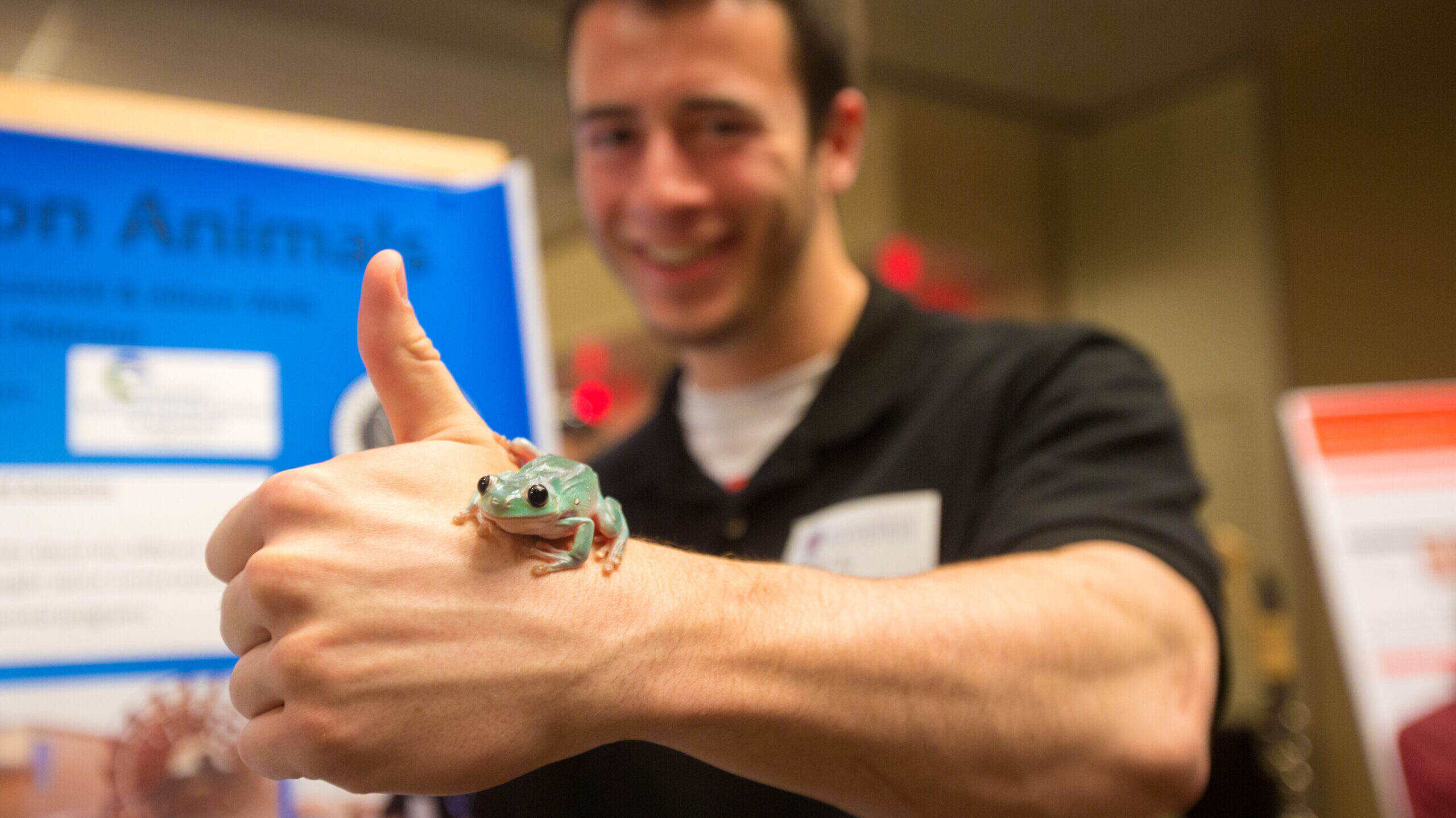 Student presenting poster with a frog on hand.