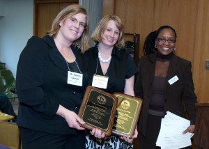 (from left) Dr. Kitrina Carlson and Dr. Rebecca Abler -- recipients of Board of Regents' 2009 Diversity Award, Team Category -- with Regent Betty Womack (far right)