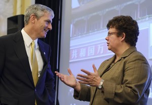 UW-Madison Chancellor Martin converses with UW-Milwaukee Interim Chancellor Lovell.