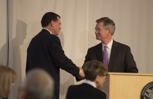 Regent Bradley (right) thanks Chancellor Van Galen and the UW-River Falls campus for hosting the meeting