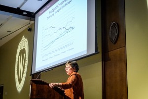 UW-Madison Chancellor Rebecca Blank speaks about the potential impact of proposed cuts to state budget funding during a meeting with members of the Wisconsin System Board of Regents in Varsity Hall inside Union South at the University of Wisconsin-Madison on Feb. 5, 2015. (Photo by Bryce Richter / UW-Madison)