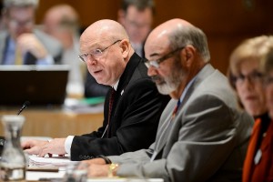 UW System President Ray Cross holds a discussion about the potential impact of proposed cuts to state budget funding with fellow members of the Wisconsin System Board of Regents during a meeting in Varsity Hall inside Union South at the University of Wisconsin-Madison on Feb. 5, 2015. (Photo by Bryce Richter / UW-Madison)