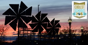 Solar panels outside of UW-Oshkosh's Sage Hall at sunset.