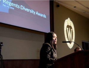 Chia Youyee Vang, associate professor of history at UW-Milwaukee, acknowledges her receipt of a Regents' Diversity Award during the UW System Board of Regents meeting at Union South at the University of Wisconsin-Madison on Feb. 5, 2016. (Photo by Jeff Miller/UW-Madison)
