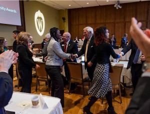 Members of UW-Extension's and UW Colleges' 4-H SySTEMatics Program acknowledge their group's receipt of a Regents' Diversity Award during the UW System Board of Regents meeting at Union South at the University of Wisconsin-Madison on Feb. 5, 2016. (Photo by Jeff Miller/UW-Madison)