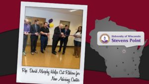 Past and present Student Government Association leaders joined Chancellor Bernie Patterson and state Rep. David Murphy, chair of Committee on Colleges and Universities, in a ribbon cutting of a new UWSP advising center on Oct. 17