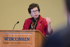 UW-Madison Chancellor Rebecca Blanks speaks during her presentation at the UW System Board of Regents meeting hosted at Union South at the University of Wisconsin-Madison on Feb. 2, 2017. (Photo by Jeff Miller/UW-Madison)