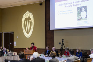 UW-Madison Chancellor Rebecca Blanks speaks during her presentation at the UW System Board of Regents meeting hosted at Union South at the University of Wisconsin-Madison on Feb. 2, 2017. In the background is a projected image of the W crest icon. (Photo by Jeff Miller/UW-Madison)