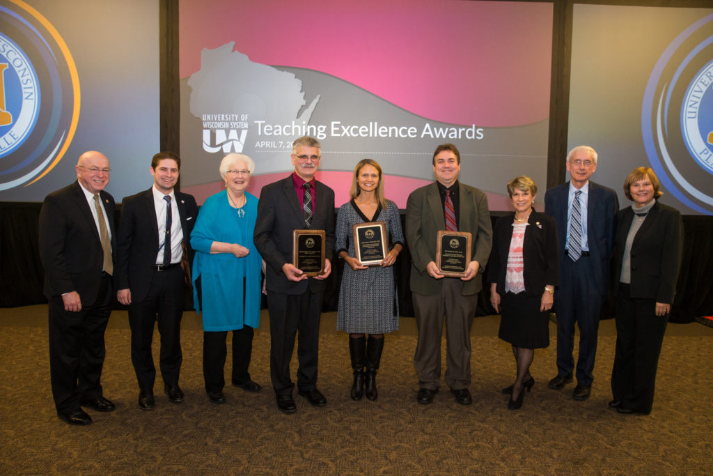 Recipients of the 2017 Board of Regents’ Teaching Excellence Awards, with members of the Board of Regents selection committee, as well as Regent President Millner and UW System President Cross.