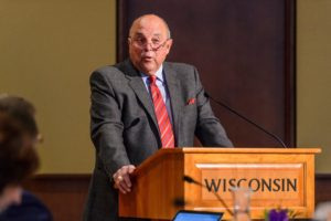 Photo of UW-Madison Athletic Director Barry Alvarez presenting the NCAA Division I Athletics Report during the UW System Board of Regents meeting at Union South at the University of Wisconsin-Madison on Feb. 9, 2018. (Photo by Jeff Miller / UW-Madison)