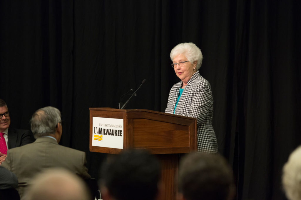 Photo of Regent Emerita Margaret Farrow addressing the Regents