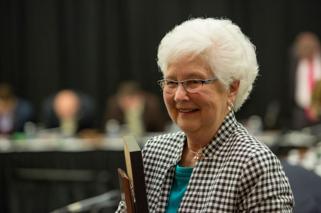 Photo of Regent Emerita Margaret Farrow after receiving her resolution of appreciation for her service as a Regent