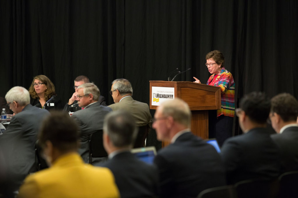 Photo of UW-Madison Chancellor Rebecca Blank speaking from the podium