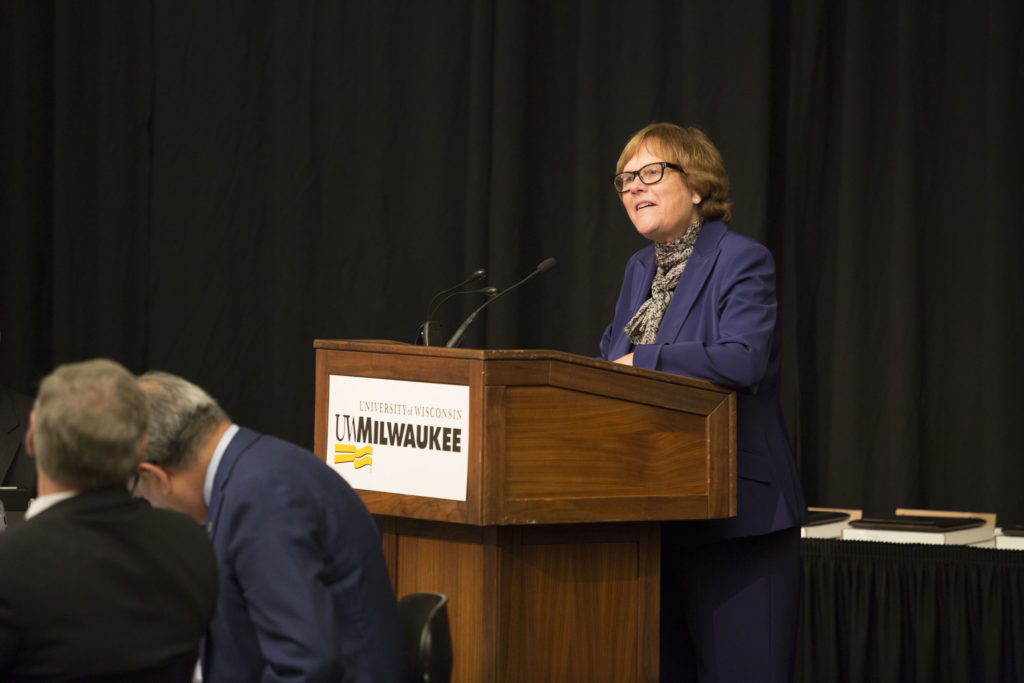 Photo of Regent Janice Mueller introducing the 2018 Teaching Excellence Awards