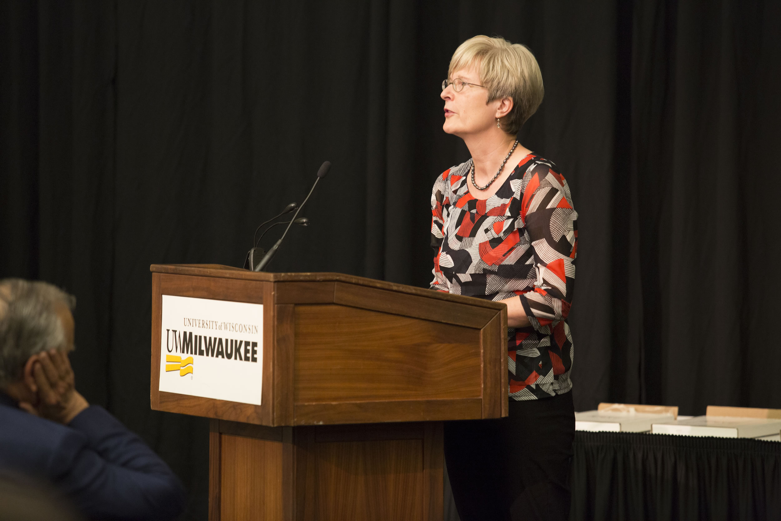 Photo of Martina Lindseth, Professor of German, Department of Languages, UW‑Eau Claire, accepting the 2018 Regents Teaching Excellence Award
