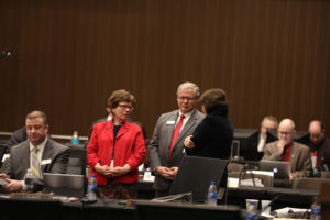 Photo of UW-Madison Chancellor Becky Blank and Regent S. Mark Tyler (UW-La Crosse, December 6, 2018)