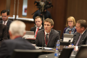 Photo of Torrey Tiedeman, recently appointed the nontraditional student regents on the UW System Board of Regents, being introduced at the December 6, 2018, Board of Regents meeting hosted by UW-La Crosse (December 6, 2018)