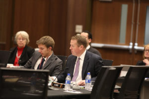 Photo of Regent Tiedeman (newly appointed nontraditional student regent) and Regent Grebe at the December 7, 2018, Board of Regents meeting hosted by UW-La Crosse