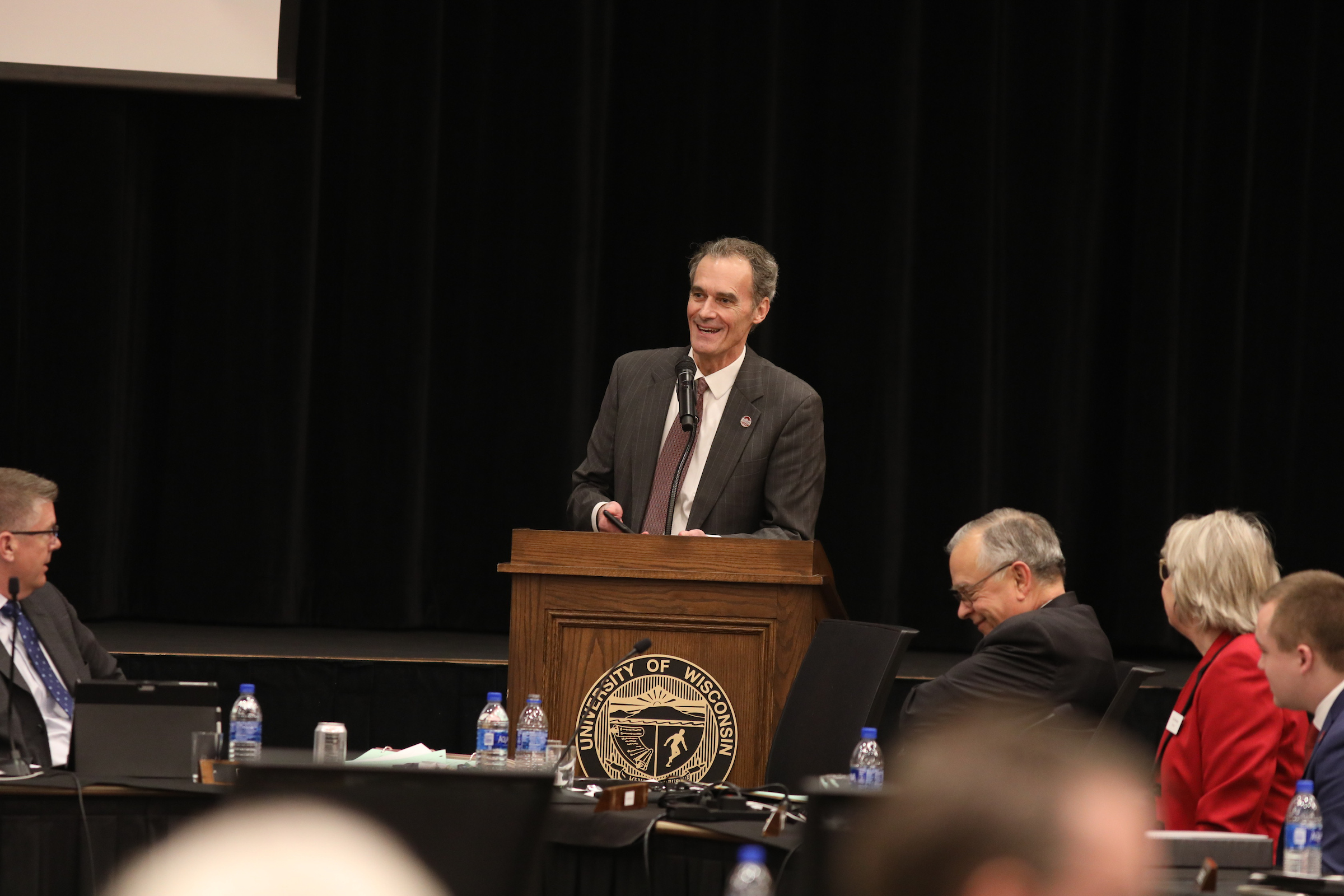 Photo of Chancellor Gow at the December 7, 2018, Board of Regents meeting hosted by UW-La Crosse