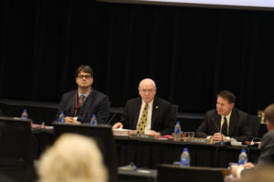 Photo of (from left) General Counsel Quinn Williams, UW System President Ray Cross, and Regent President John Robert Behling, taken at UW System Board of Regents meeting hosted by UW-La Crosse on December 6, 2018